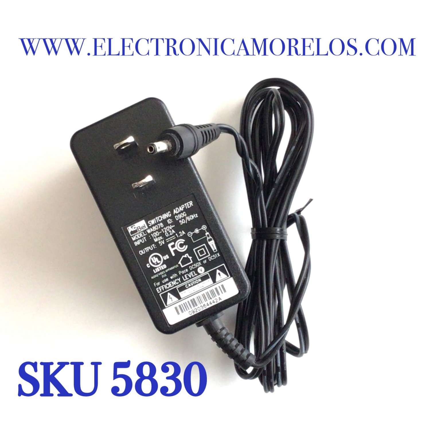 CARGADOR / ADAPTADOR DE FUENTE DE ALIMENTACION ACBEL VCA-VCD  / NUMERO DE PARTE D90G / ENTRADA VCA 100-120V~ 50/60HZ MAX 0.2A / SALIDA VCD 5V 1.2A / MODELO WA8078